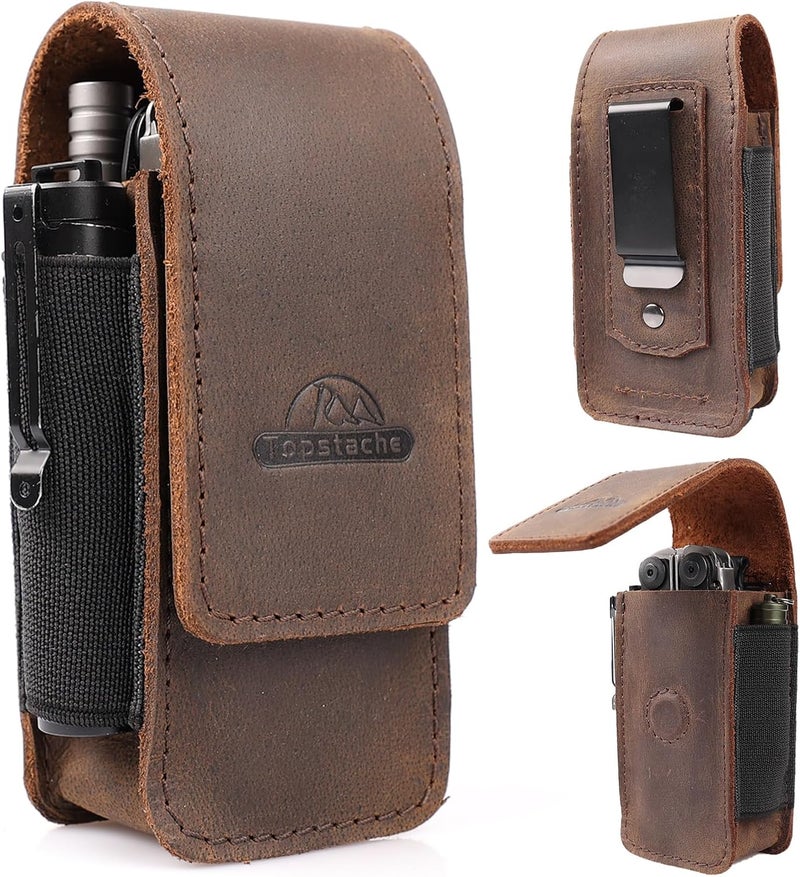 topstache Multitool Sheath for Men - Belt Leather Multitool Holster - EDC Belt Organizer for Leatherman, Gerber - Magnetic Closure Multitool Pouch Fits Folding Tool, Darkbrown - Image 1